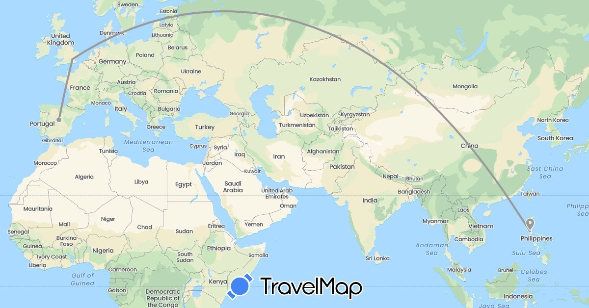 TravelMap itinerary: driving, plane in Spain, United Kingdom, Philippines (Asia, Europe)